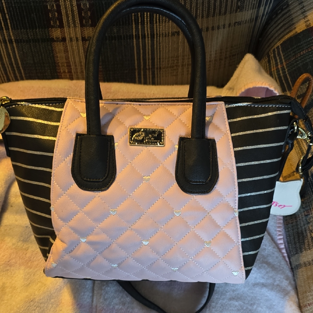 Betsey Johnson Pink And Black Striped Satchel